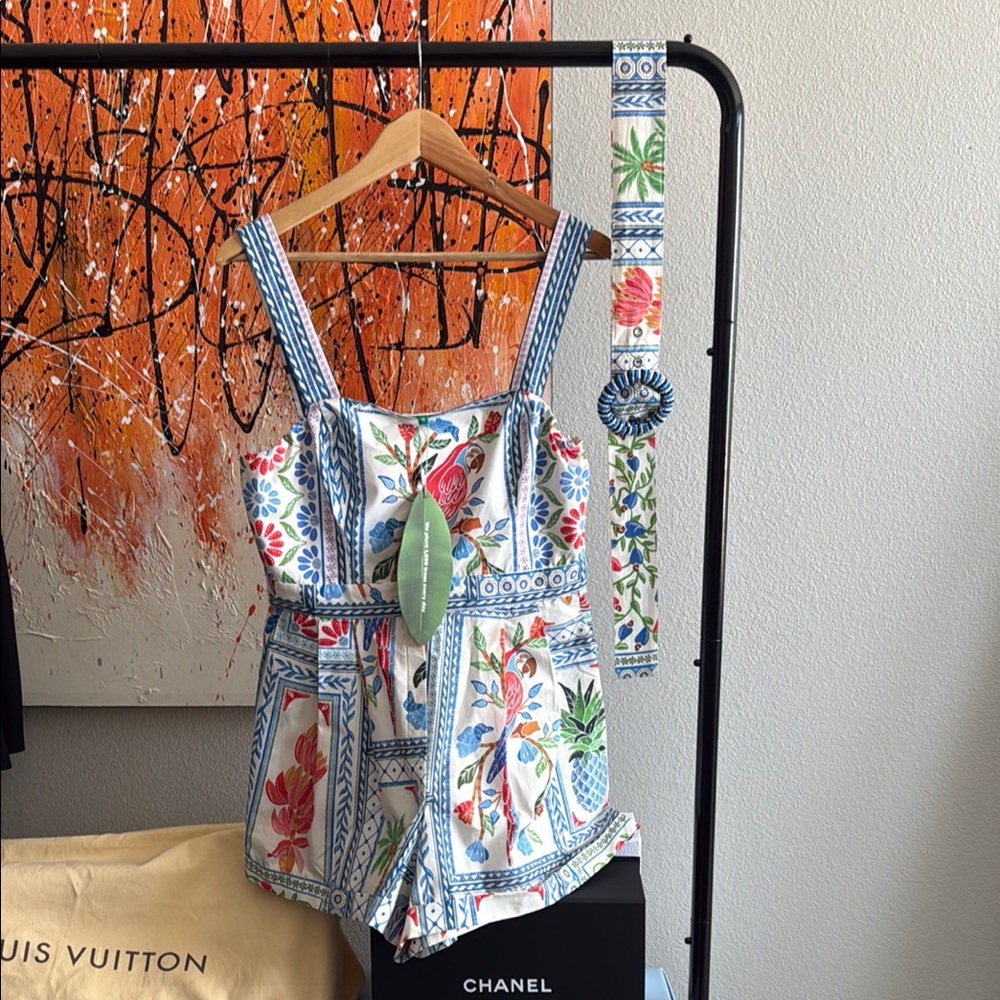 FARM Rio Floral Print Romper with Blue